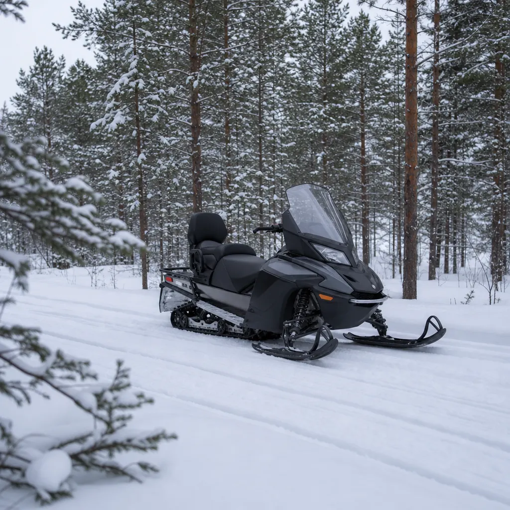 Snöskoter med tillkopplad släde framför fjällstuga i februarisol.