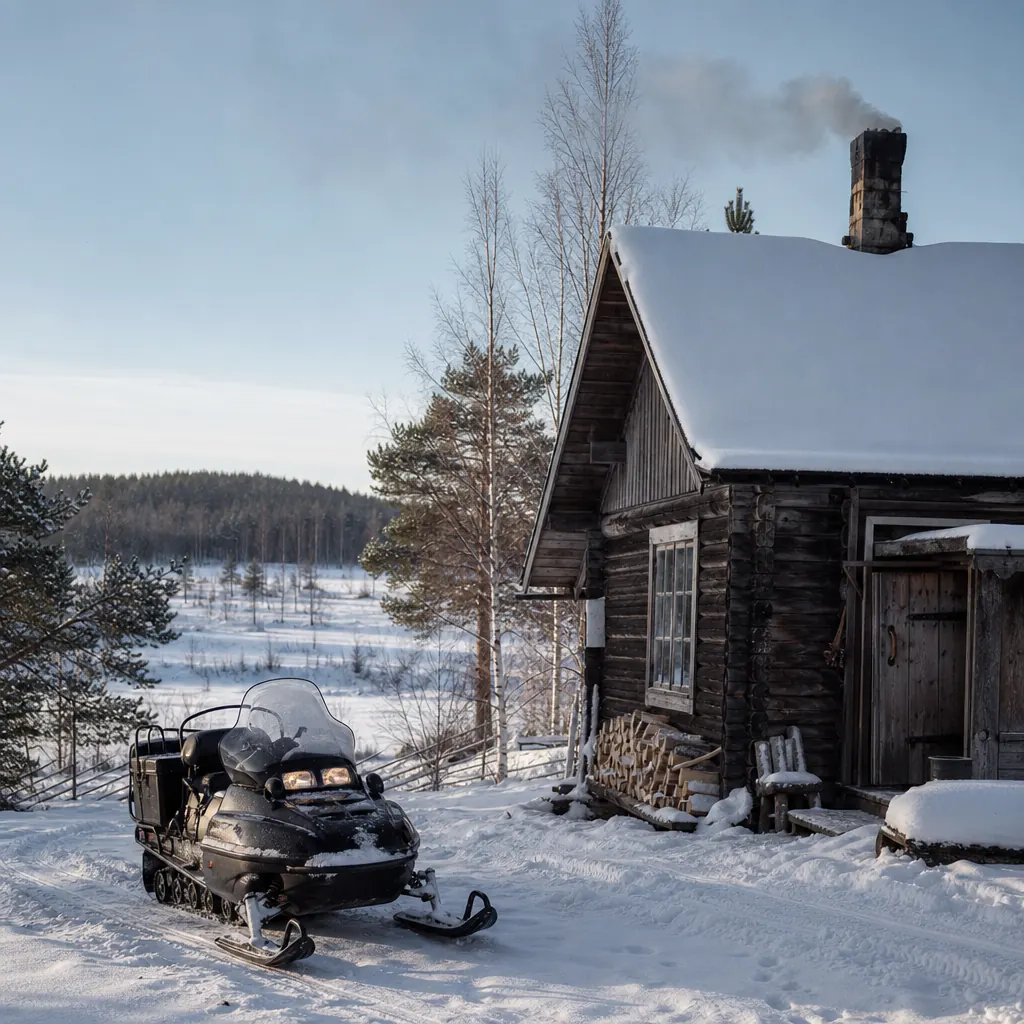 Snöskoter framför kåta i lappländsk vintermiljö med eldstad och skidor.