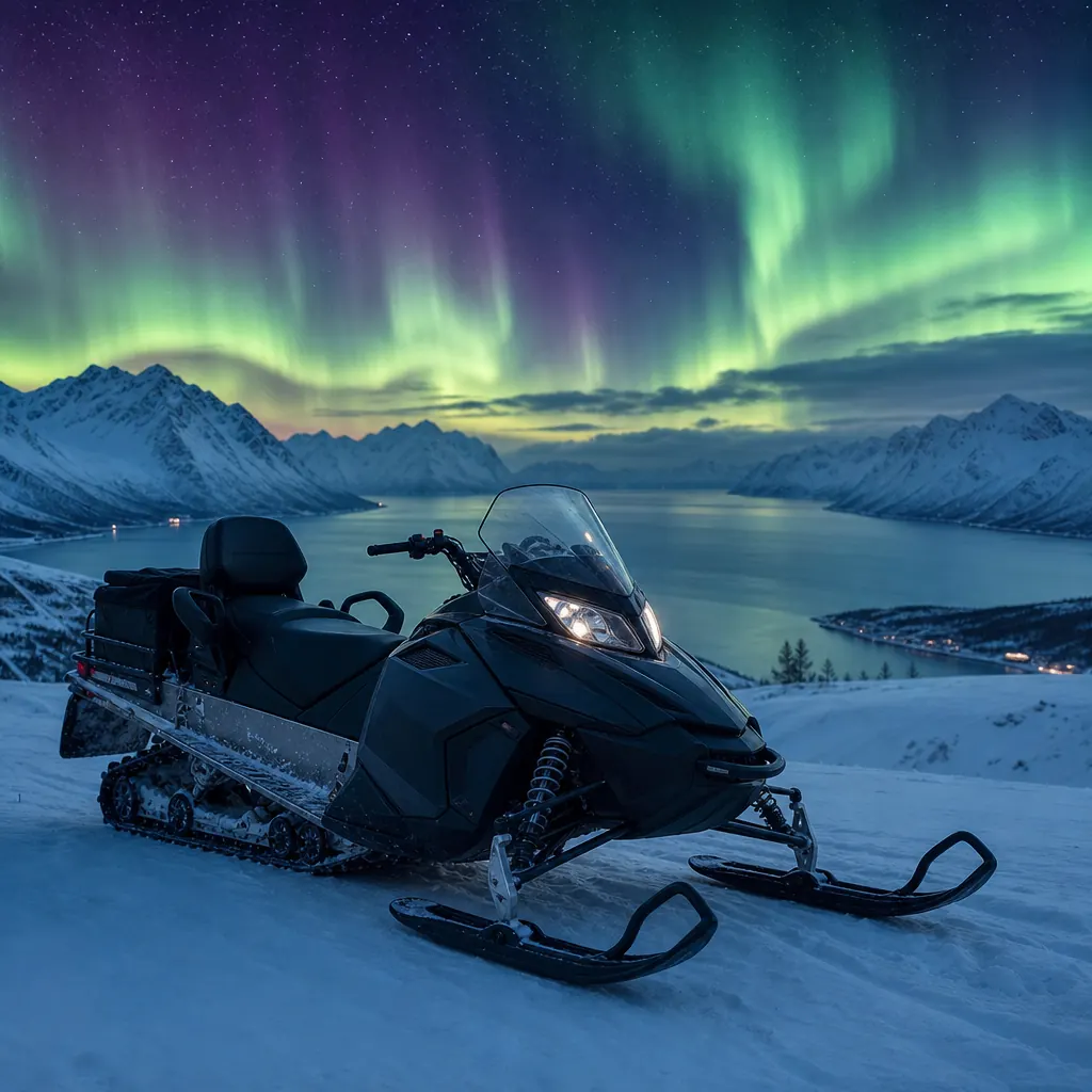 Snöskoter på fjälled i Lappland med karta och kompass på sätet.