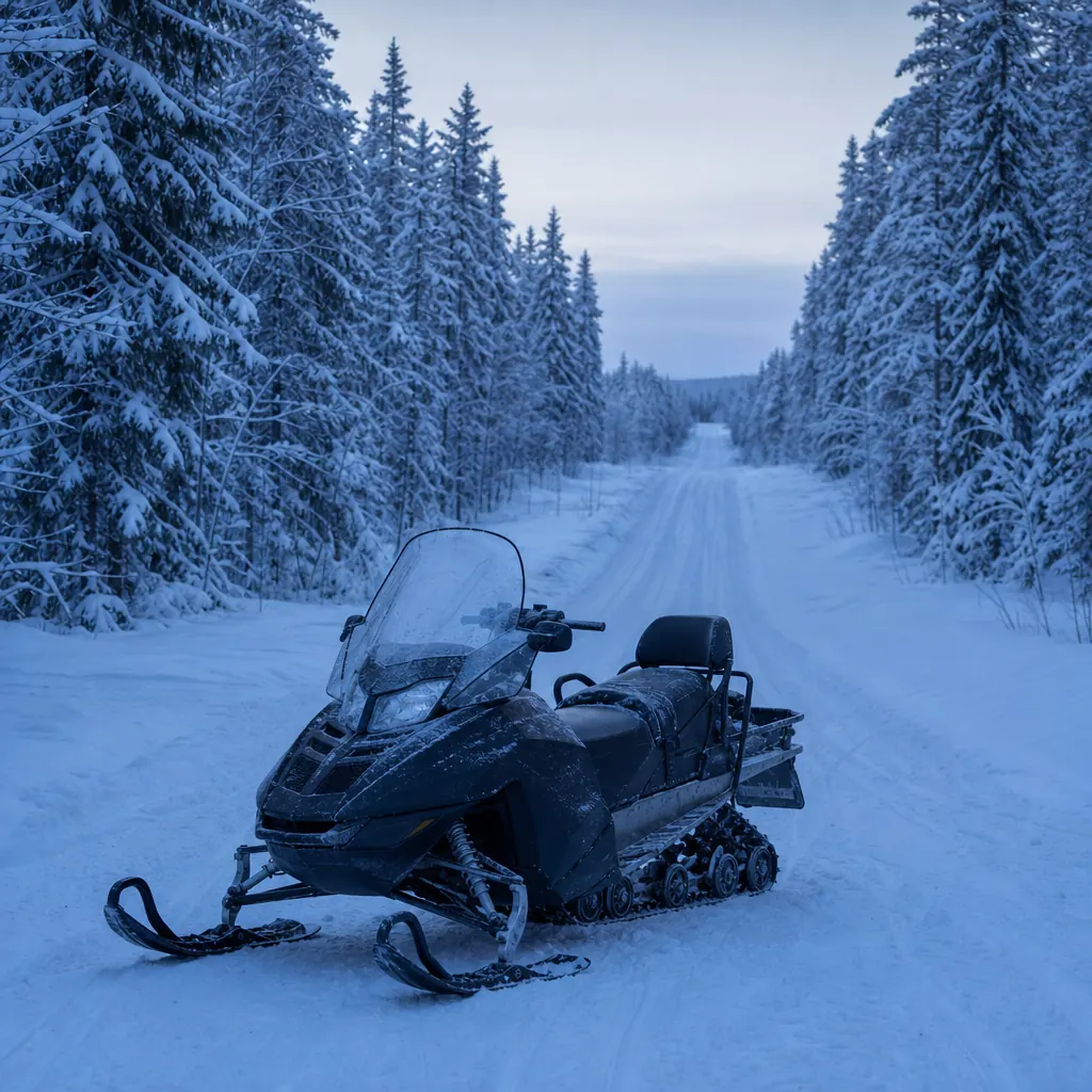 Snöskoter i fartfullt körläge på vinterväg – kontext för vagnskademomentet i helförsäkring.