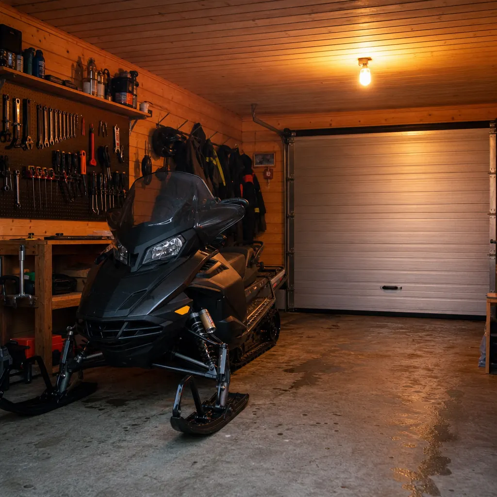 Snöskoter i låst garage med dörr och belysning