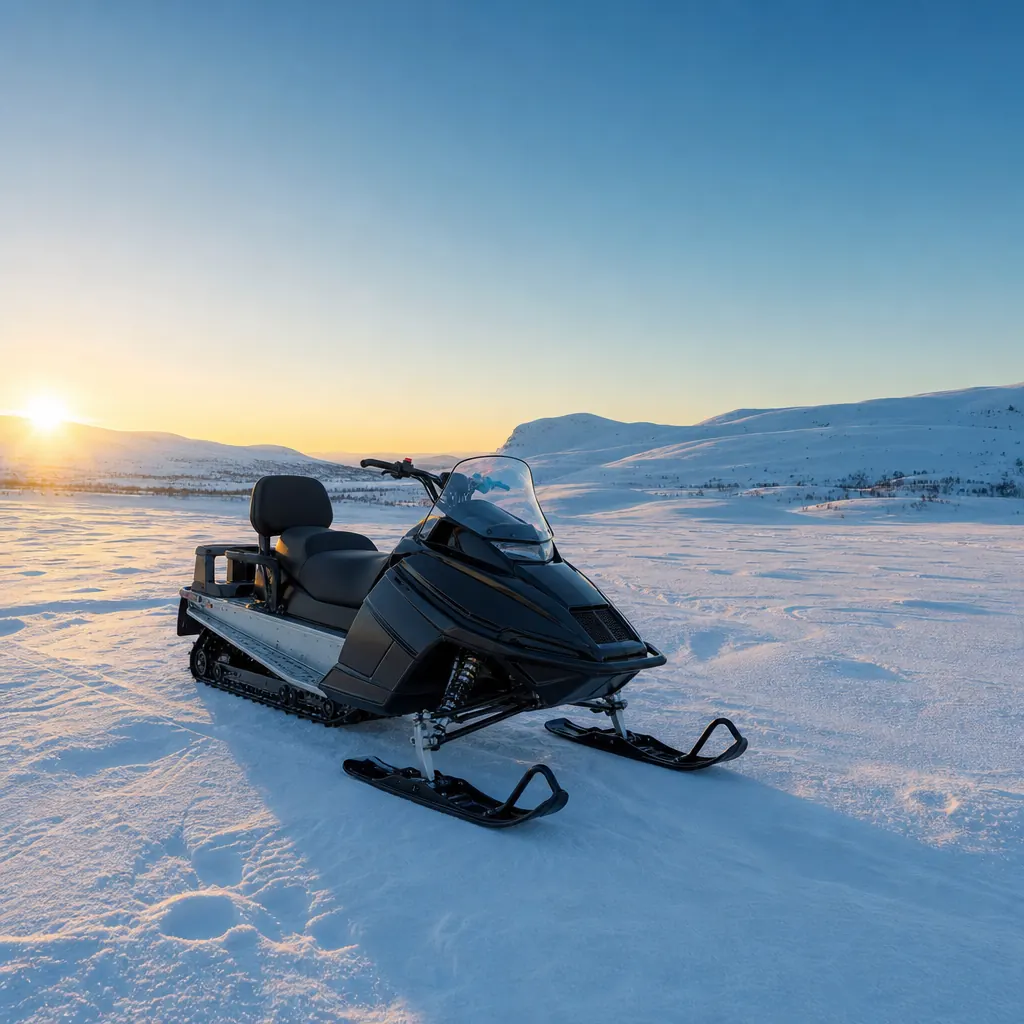 Snöskoter på fjäll i tidig kvällssol, förare i hjälm och skoterställ.