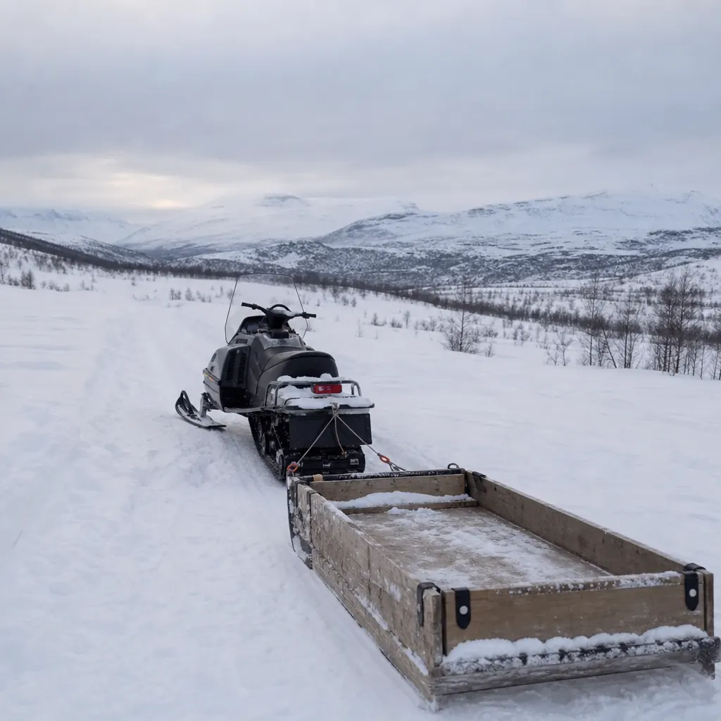 Snöskoter med släde och friluftsutrustning i fjällmiljö