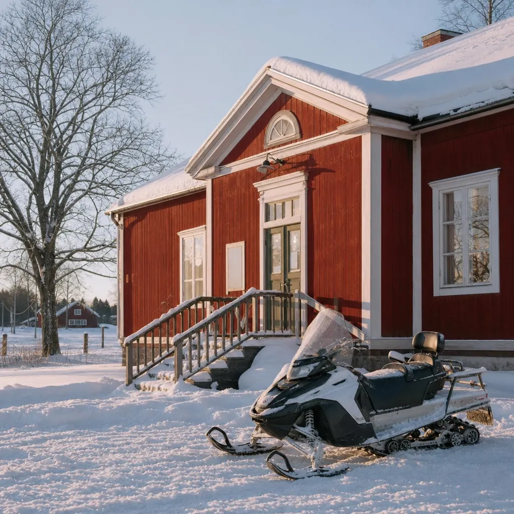 Snöskoter parkerad bredvid fastighet på landsbygden i norra Sverige.