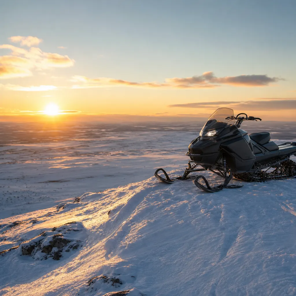 Polaris-snöskoter på snöig fjällrygg i nordlig Skandinavien