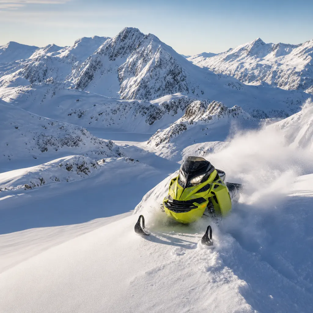 Ski-Doo-snöskoter på fjällspår i nordlig terräng