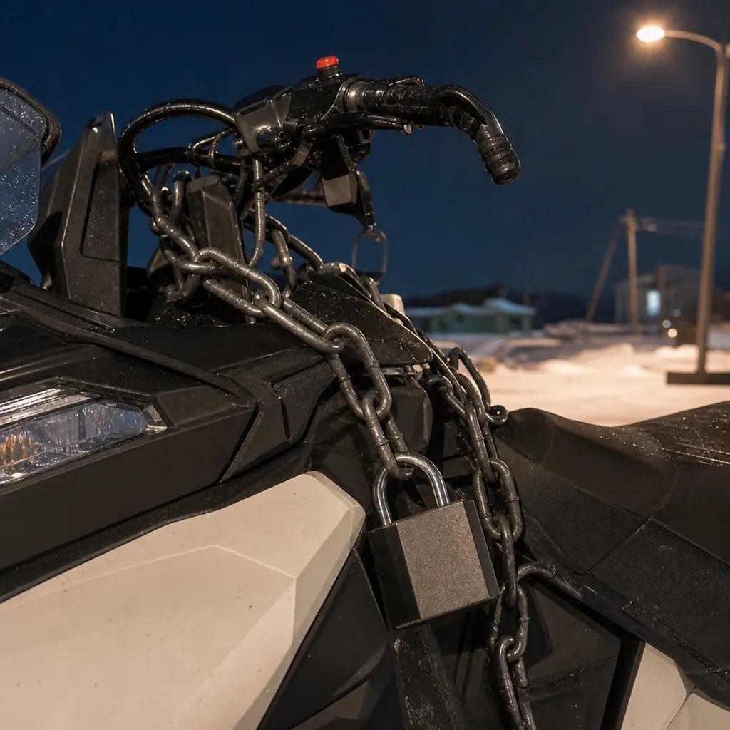 Snöskoter låst med kättinglås i förvaring – aktuell läge vid avställning hos Transportstyrelsen.