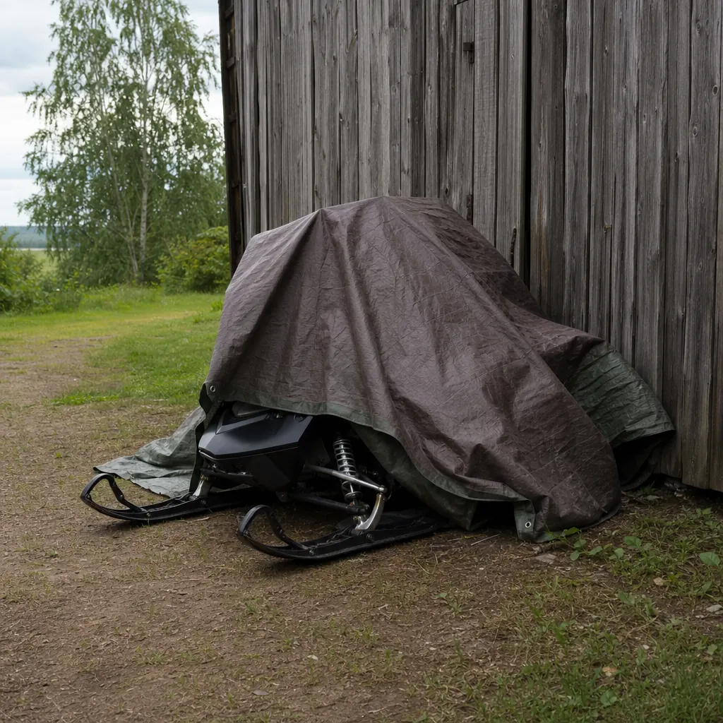 Snöskoter inomhus i låst garage med vinterpresenning