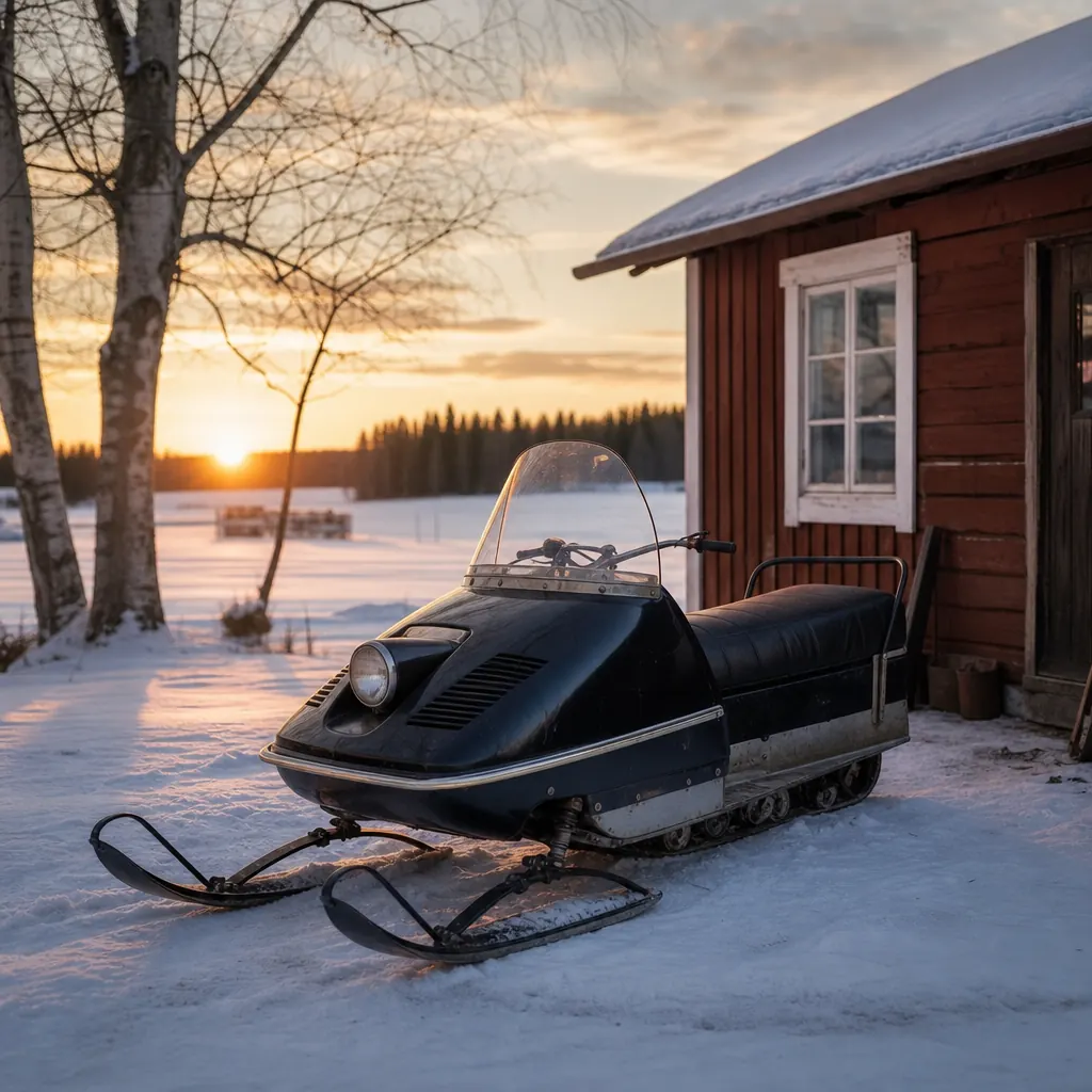 Klassisk fyrtakts Yamaha-snöskoter parkerad vid timrad stuga